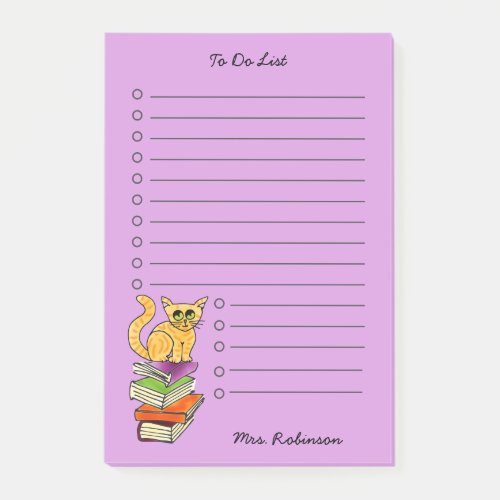 Cute Cat on Books Teacher To Do List Purple 4 x 6 Post_it Notes