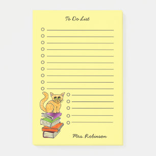 Cute Cat on Books Teacher To Do List Yellow 4 x 6 Post-it Notes
