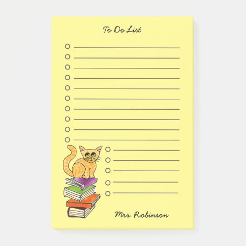 Cute Cat on Books Teacher To Do List Yellow 4 x 6 Post_it Notes