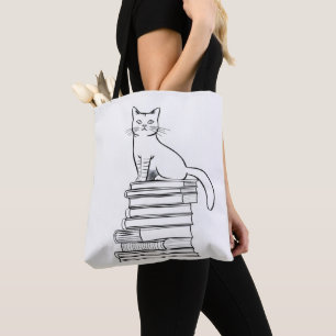 Cute Cat on Books Tote Bag