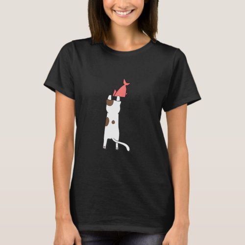 Cute Cat On Chest Pocket With Fish  T_Shirt