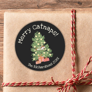 Cute Cat on Chistmas Tree Merry Catnaps! Black Classic Round Sticker