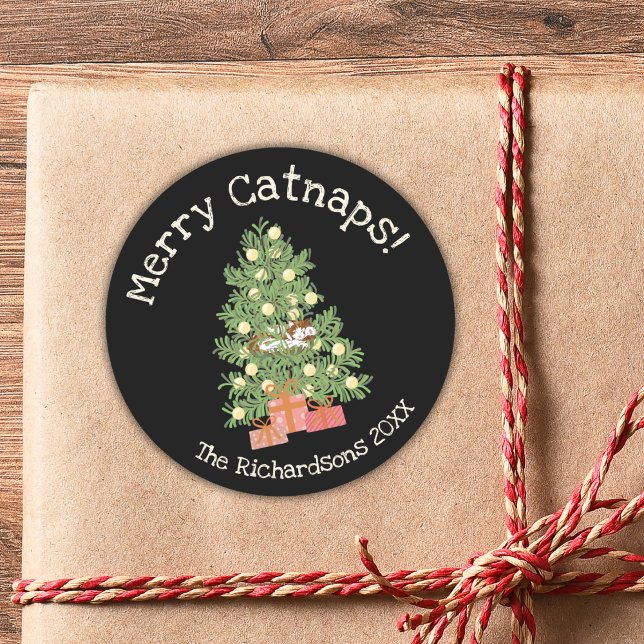 Cute Cat on Chistmas Tree Merry Catnaps! Black Classic Round Sticker (Creator Uploaded)