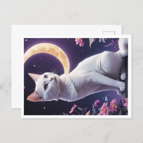 Cute cat on crescent moon postcard
