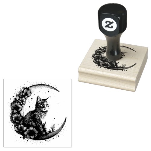 Cute cat on crescent moon rubber stamp