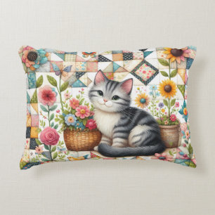 Cute Cat on Floral Quilt Cottagecore Accent Pillow
