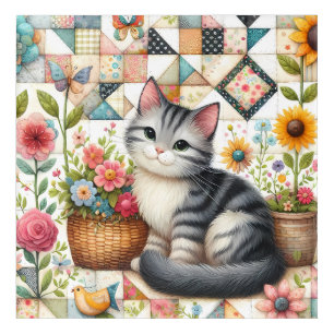 Cute Cat on Floral Quilt Cottagecore Acrylic Print