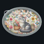 Cute Cat on Floral Quilt Cottagecore Art Belt Buckle<br><div class="desc">A delightful gray tabby kitten sits sweetly among blooming flowers in this cozy, cottagecore-inspired design. The backdrop features a vibrant patchwork quilt filled with charming geometric patterns, soft pastels, and vintage textures that evoke feelings of warmth and nostalgia. Surrounding the kitten are blooming sunflowers, roses, and daisies, along with cheerful...</div>