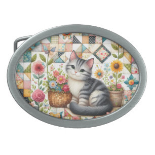 Cute Cat on Floral Quilt Cottagecore Art Belt Buckle