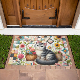 Cute Cat on Floral Quilt Cottagecore Art Doormat