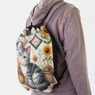 Cute Cat on Floral Quilt Cottagecore Art Drawstring Bag
