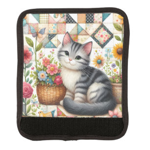 Cute Cat on Floral Quilt Cottagecore Art Luggage Handle Wrap