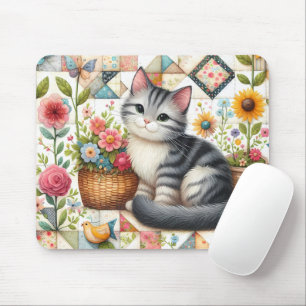 Cute Cat on Floral Quilt Cottagecore Art Mouse Pad