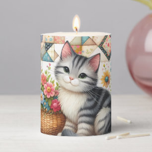 Cute Cat on Floral Quilt Cottagecore Art Pillar Candle