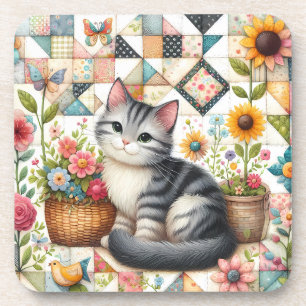Cute Cat on Floral Quilt Cottagecore Beverage Coaster