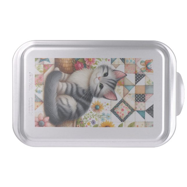 Cute Cat on Floral Quilt Cottagecore Cake Pan (Front)