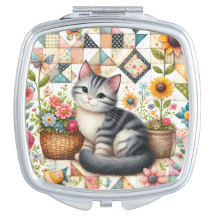 Cute Cat on Floral Quilt Cottagecore Compact Mirror