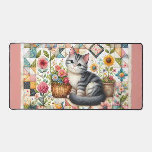 Cute Cat on Floral Quilt Cottagecore Desk Mat