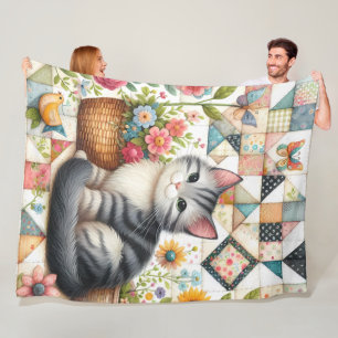 Cute Cat on Floral Quilt Cottagecore Fleece Blanket