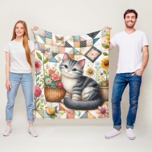 Cute Cat on Floral Quilt Cottagecore Fleece Blanket