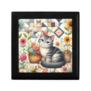 Cute Cat on Floral Quilt Cottagecore Gift Box