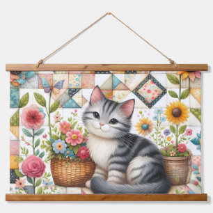 Cute Cat on Floral Quilt Cottagecore Hanging Tapestry