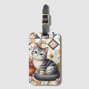 Cute Cat on Floral Quilt Cottagecore Luggage Tag