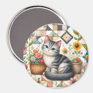 Cute Cat on Floral Quilt Cottagecore Magnet