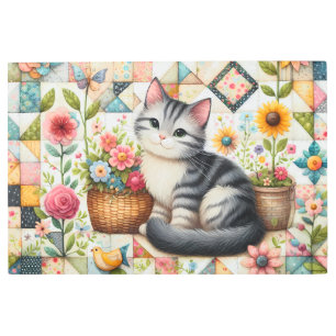 Cute Cat on Floral Quilt Cottagecore Metal Print