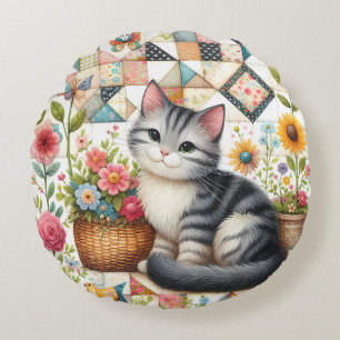 Cute Cat on Floral Quilt Cottagecore Round Pillow