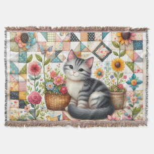 Cute Cat on Floral Quilt Cottagecore Throw Blanket