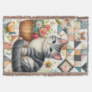 Cute Cat on Floral Quilt Cottagecore Throw Blanket
