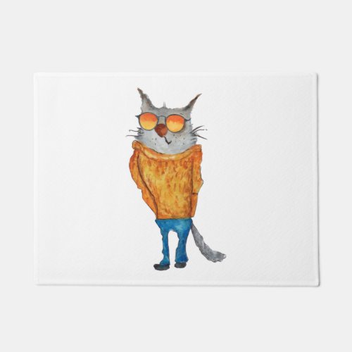 Cute Cat On Glasses Wearing orange Sweater And Blu Doormat