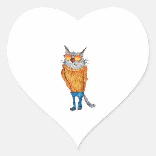 Cute Cat On Glasses Wearing orange Sweater And Blu Heart Sticker