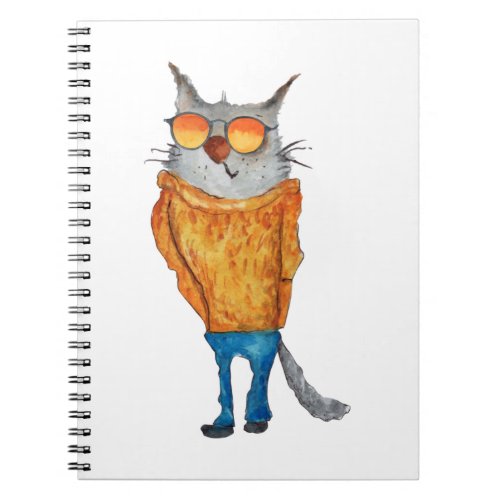 Cute Cat On Glasses Wearing orange Sweater And Blu Notebook