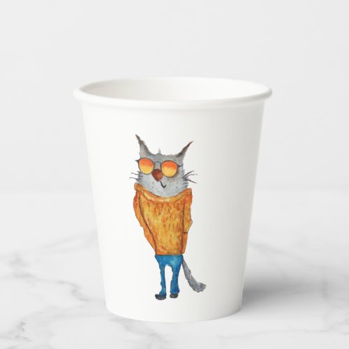 Cute Cat On Glasses Wearing orange Sweater And Blu Paper Cups