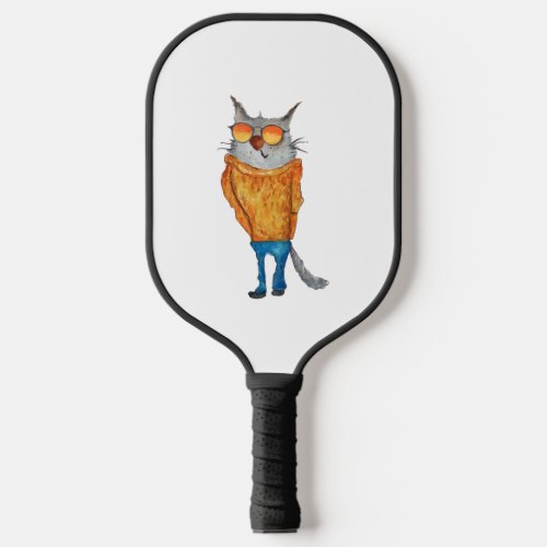 Cute Cat On Glasses Wearing orange Sweater And Blu Pickleball Paddle