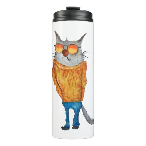 Cute Cat On Glasses Wearing orange Sweater And Blu Thermal Tumbler