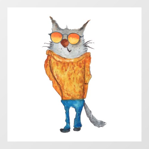 Cute Cat On Glasses Wearing orange Sweater And Blu Wall Decal