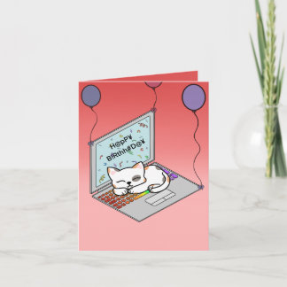 Cute cat on laptop birthday card