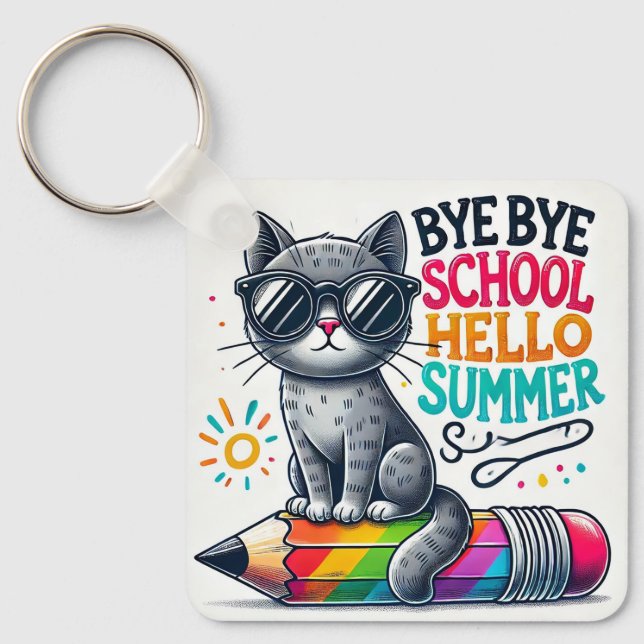 Cute Cat on Pencil Illustration Celebrating Summer Keychain (Front)