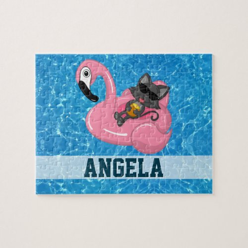 Cute Cat on Pink Flamingo Floatie Blue Name Funny Jigsaw Puzzle