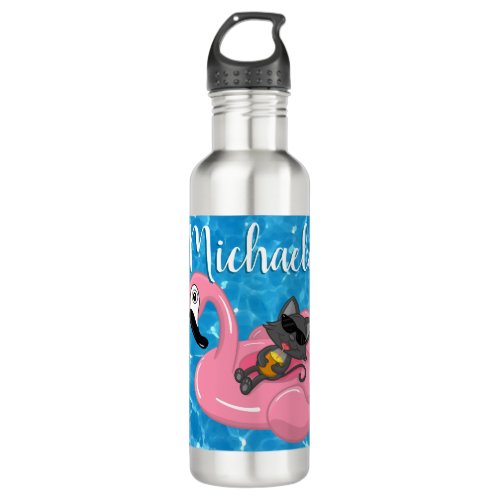 Cute Cat on Pink Flamingo Floatie Blue Name Funny Stainless Steel Water Bottle
