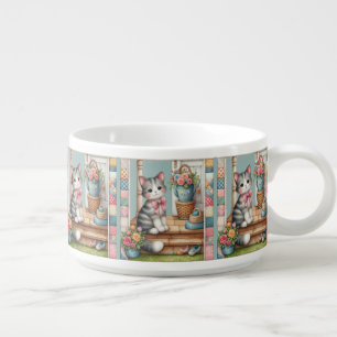 Cute Cat on Porch Flowers Patchwork Chili Bowl