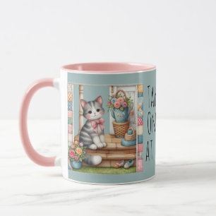 Cute Cat on Porch Flowers Patchwork Mug