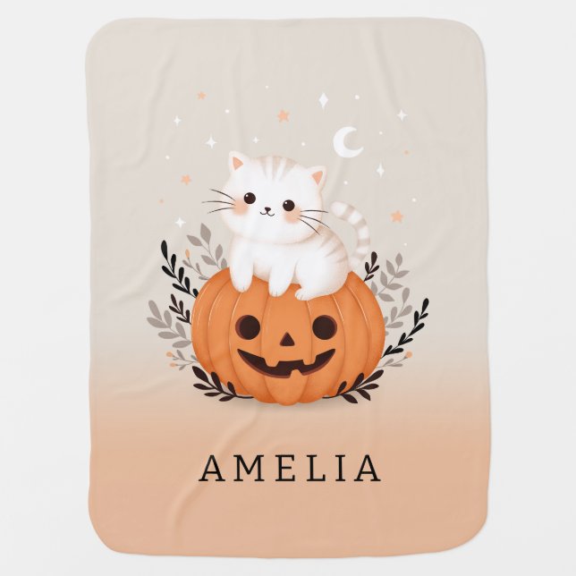 Cute Cat On Pumpkin Halloween Baby Blanket (Front)