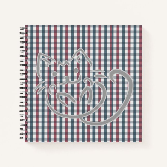 Cute Cat on Red and Blue Plaid Notebook (Front)