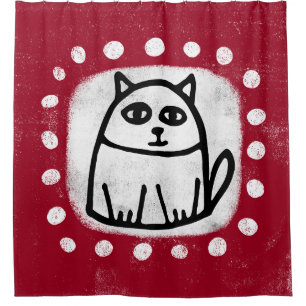 Cute Cat On Red Shower Curtain