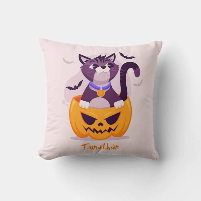 Cute Cat on Spooky Pumpkin and Halloween Bats Throw Pillow (Front)