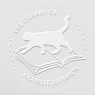 Cute Cat on the Book Custom Name Library Embosser